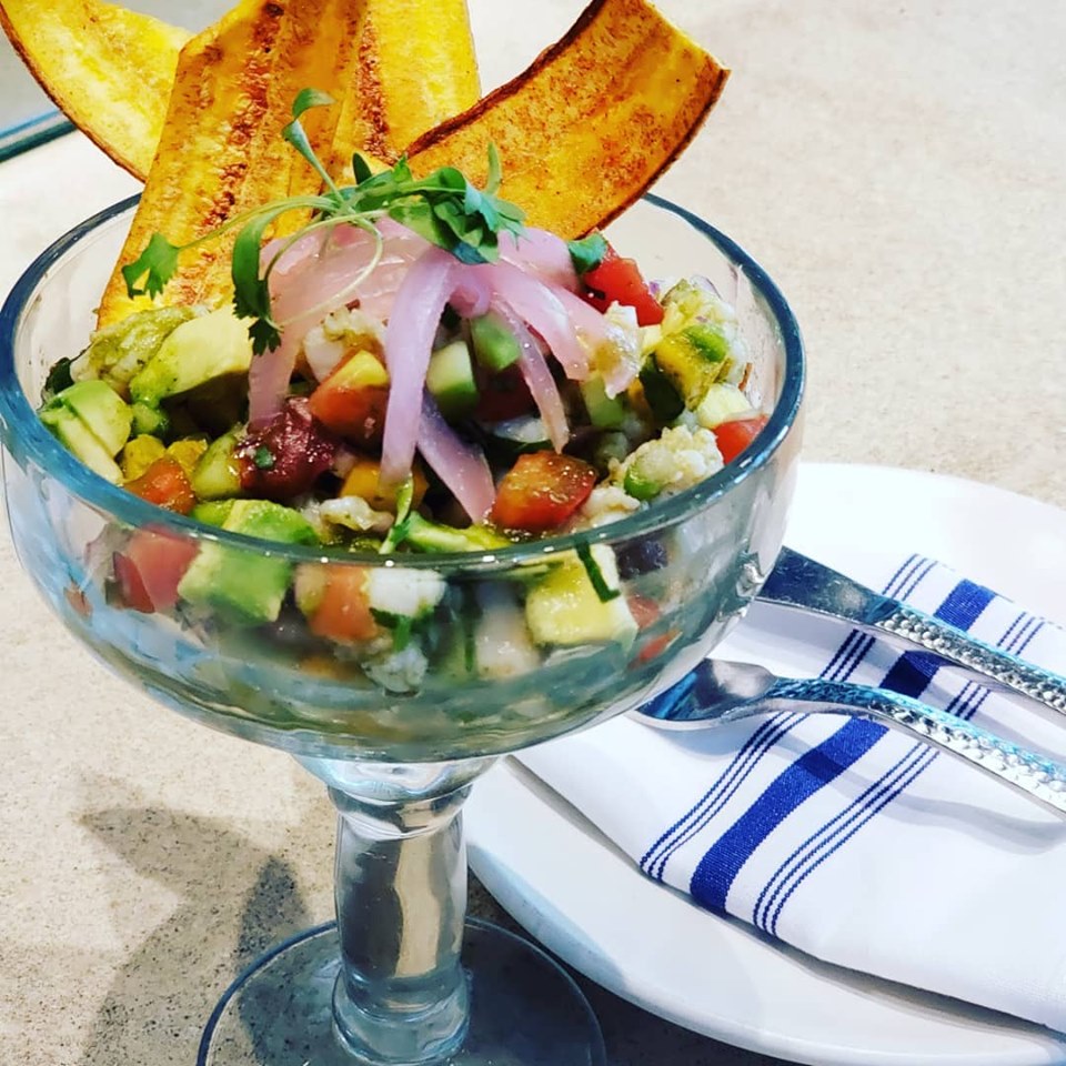 Shrimp ceviche served with plantain chips